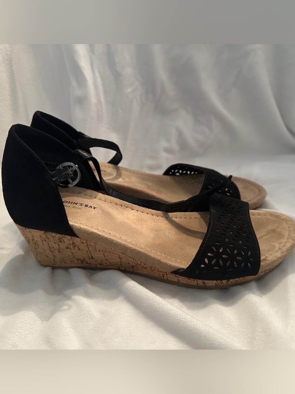 St. John's Bay Black Cork Wedge Sandals with Laser-Cut Straps